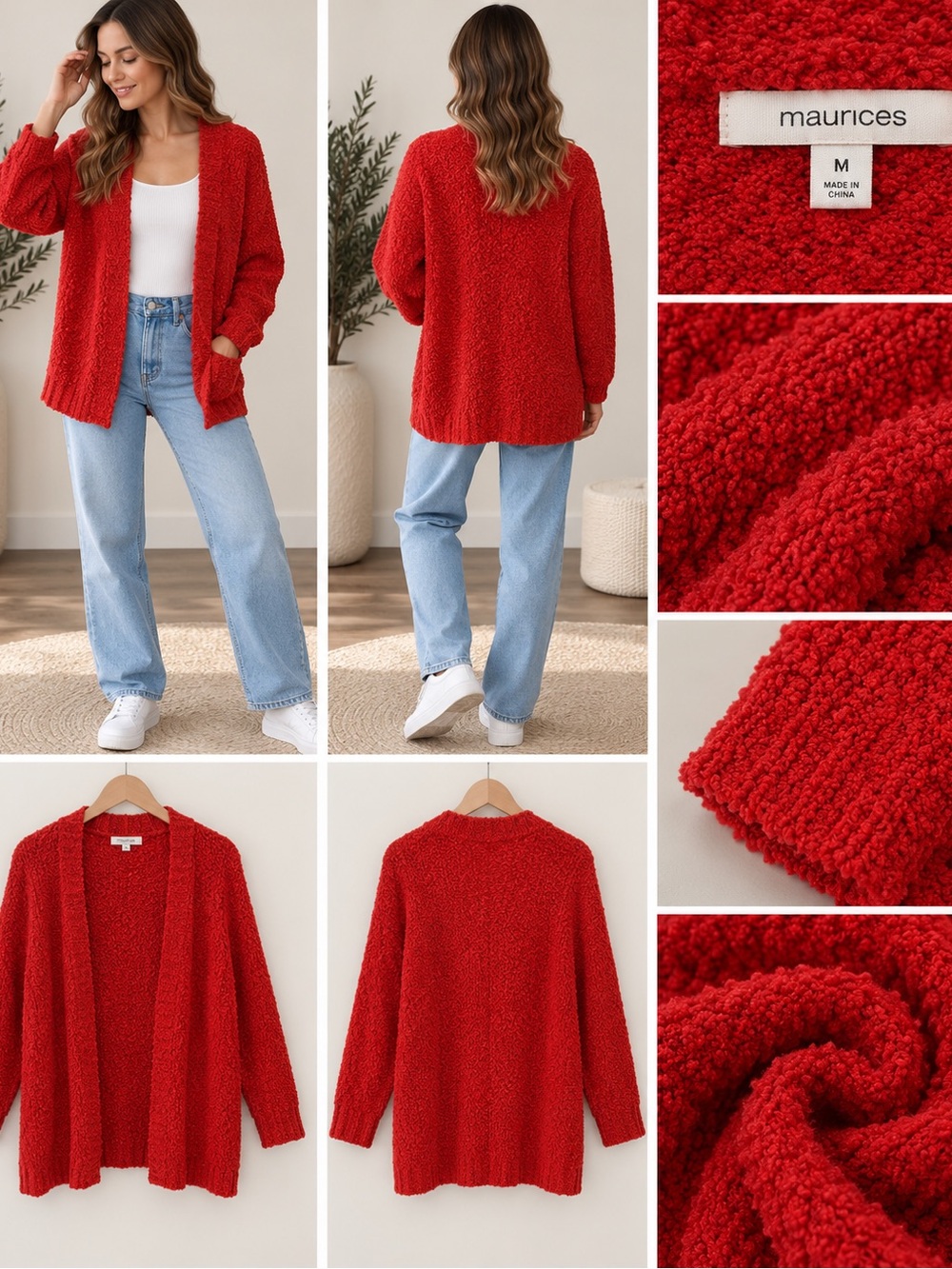 Maurices Red Teddy Open-Front Cardigan Sweater